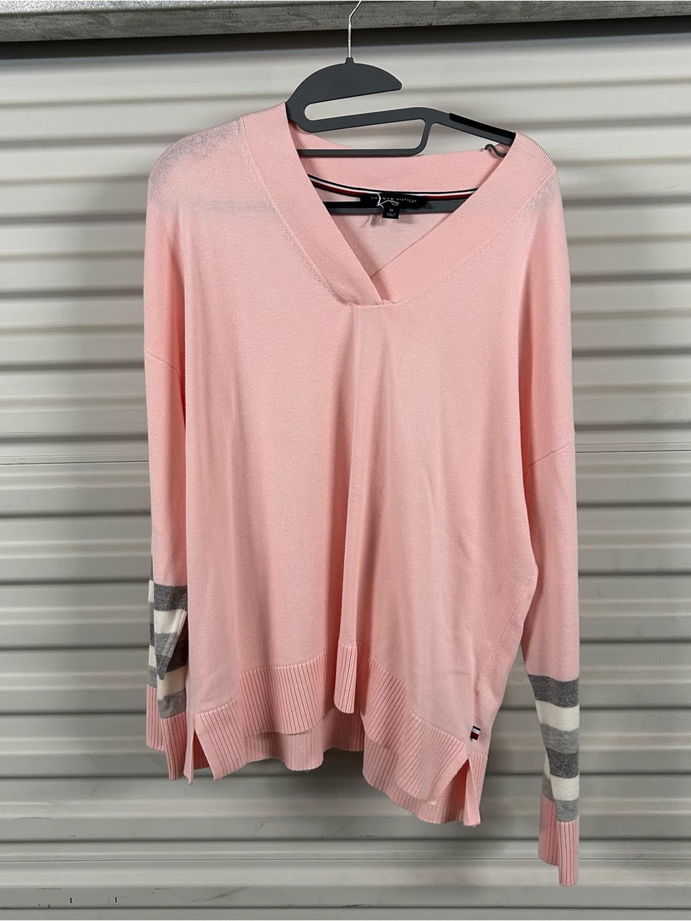 Tommy Hilfiger Light Pink V-Neck Pullover with Striped Sleeves